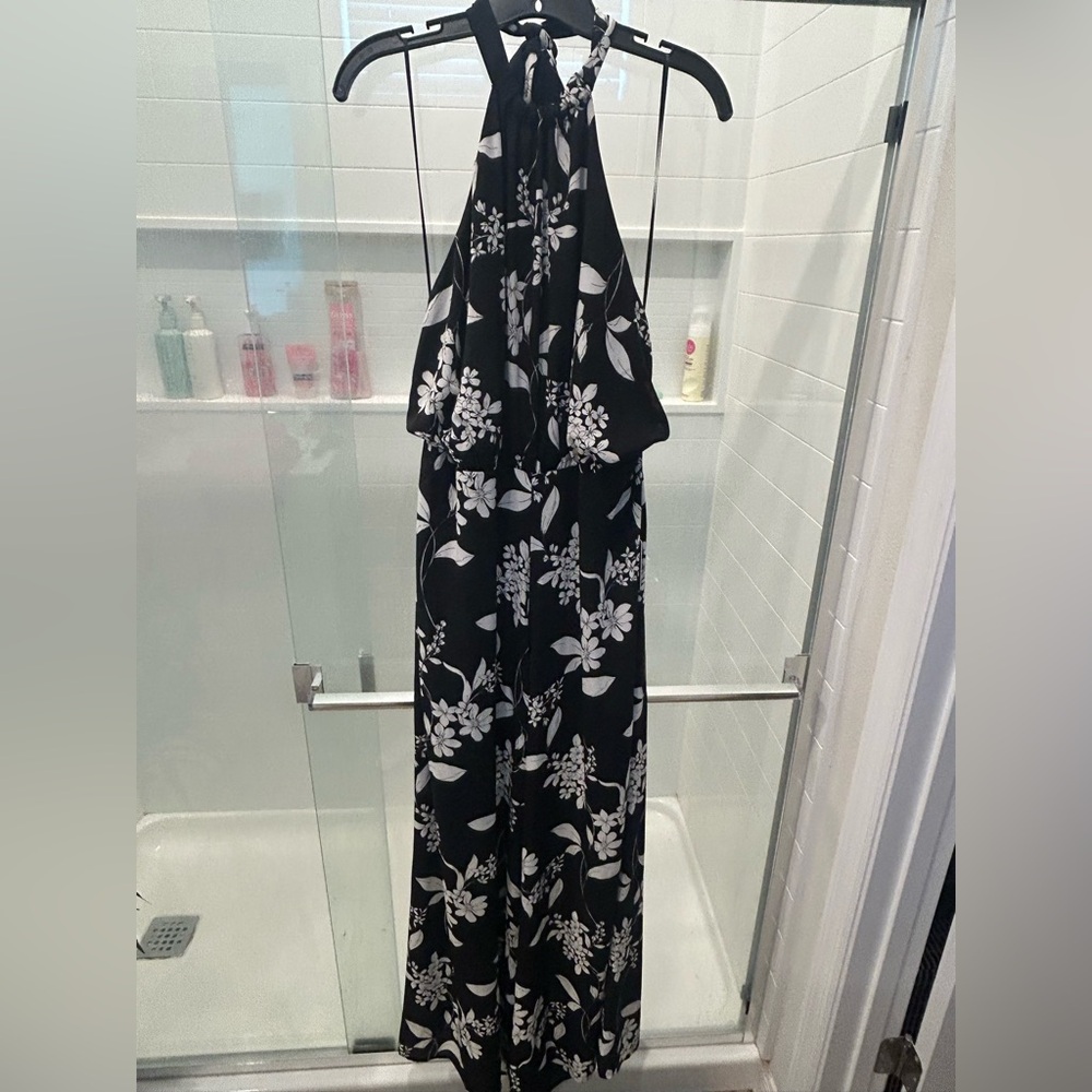 Black and White Floral Halter Jumpsuit